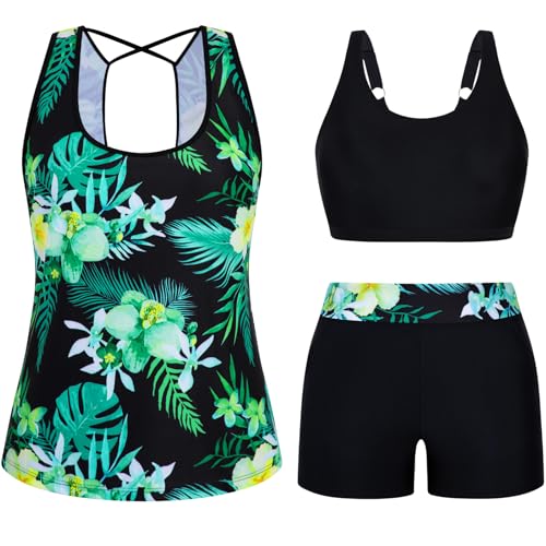 Arolina 3 Piece Swimsuits for Women Tankini Sets Modest Bathing Suits Plus Size Swimsuit Swimwear 2026 Green Flower 24 Plus