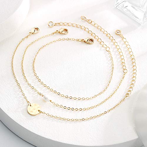 Yoosteel Dainty Pearl Bracelets For Women, 14K Gold Filled Layering Chain Bracelet Handmade Hammered Disc Charm Gold Bar Bracelets For Women Jewelry #TOP6