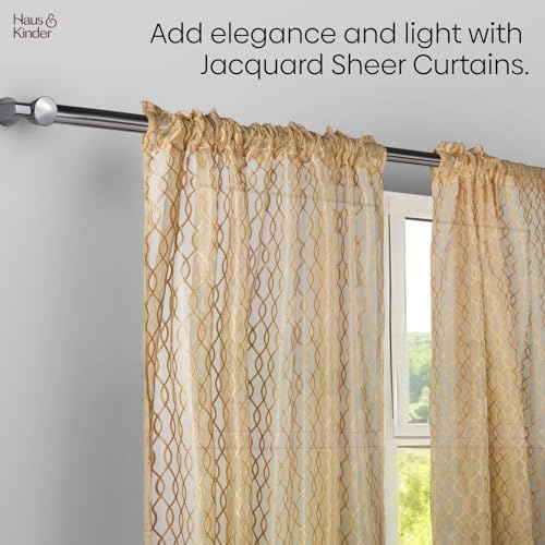 Image of haus & kinder Jacquard Sheer Window Curtains 5 Feet Long Pack of 2 Window Curtains, 5 Feet Curtains for Window, (Abstract Geometric Design, Sandstone Weave, 114x152cm)