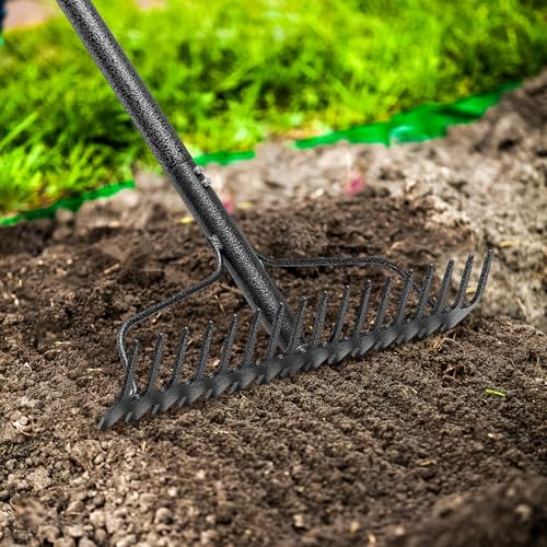 Garden Leaf Rake with 77 Inch Handle, Heavy Duty 17 Inch Wide Metal Garden Lawn Rake for Loosening Soil Raking Leaf Leveling Rocks Spreading Mulch Gravel, Rustproof Metal Bow Rakes Garden Tools