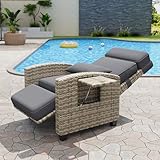 IDEALHOUSE Outdoor Recliner Chair, Patio Reclining Chairs with Adjustable Backrest and Footrest, 150° Lay Flat Rattan Reclining Chairs with Flip-Up Table and Removable Cushion, 1PCS