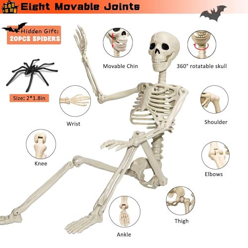 Image of 36 inch Skeleton Halloween Decorations, 3ft Life Size Human Skeleton with Full Body Movable Posable Joints Skeleton, Halloween Skeletons with 20 Spiders for Yard Haunted House Props Indoor Outdoor Decor