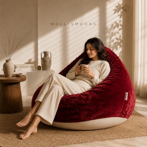 Image of Mollismoons Limited Edition Luxury Faux Fur Bean Bag XXXXL 50 Inch Single Seater, Super Soft with Durable Matte Base, Bean Bag Chair Cover Without Beans (Cherry Maroon Dark)