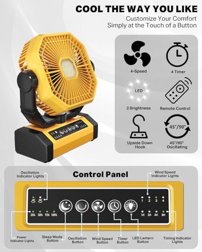 Image of Portable Rechargeable Fan 70Hrs 20000mAh 9-Inch with Auto Oscillating /Remote /Timer /LED Light, Camping Fan for Tent, Travel, Worksite, Poweroutage, Strong Hurricane, Cordless Fan, Battery Operated Fans