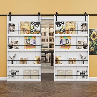 84in x 84in Rustic 8-Shelf Storage Barn Door Room Divider and 14FT Hardware Kit, Paintable White MDF Wood Sliding Barn Door with Soft Close, Smooth Operation and Silent Sliding, Easy to Install