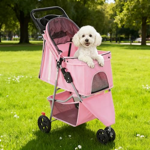 Image of NEWBULIG 3 Wheel Pet Stroller for Dogs and Cats, Foldable, Lightweight and Durable, Ideal for Small to Medium Pets, Includes Storage Basket and Cup Holders