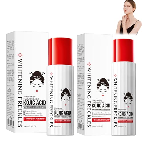 Kojic Acid Whitening Toner & Lotion, Acide Kojique Tonique éclaircissant et lotion pour le visage – Teint éclatant et hydratation – Pour un teint uniforme
