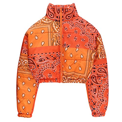 Mericiny Women Shiny Short Puffer Jackets Bandana Printed Cropped Bubble Puffer Lightweight Coats (Orange, L)