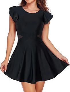 One Piece Swim Dress Modest Swimsuits for Women Tummy Control Bathing Suit Skirt with Sleeves Swimdress Swimwear