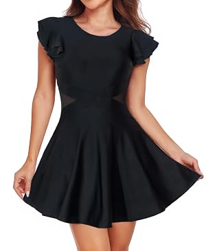 Smismivo One Piece Swim Dress Modest Swimsuits for Women Tummy Control Bathing Suit Skirt with Sleeves Swimdress Swimwear