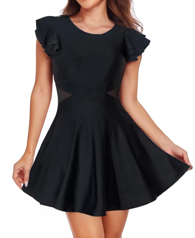 Smismivo One Piece Swim Dress Modest Swimsuits for Women Tummy Control Bathing Suit Skirt with Sleeves Swimdress Swimwear