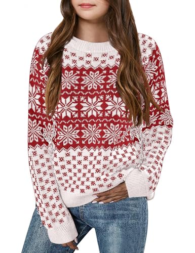 Image of Girls Christmas Pullover Sweaters Reindeer Elk Snow Long Sleeve Crew Neck Chunky Tops