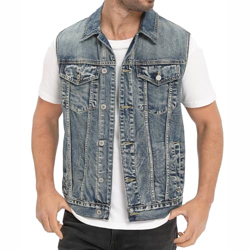MeiLayM Chaleco Vaquera para Hombre Vintage Chaleco de Jeans Sin Mangas Lavado Chaqueta Clásico Moto Chalecos avec 2 bolsillos internes Azul,XL