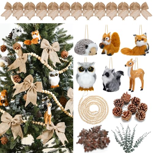 Jenaai 55 Pcs Woodland Christmas Ornaments Set with 6 Woodland Animals Ornaments 10ft Wood Bead Garland 12 Burlap Bows Pine Cones 12 Tree Shaped Bell Pendant & Leaf Artificial for Forest Animals Decor