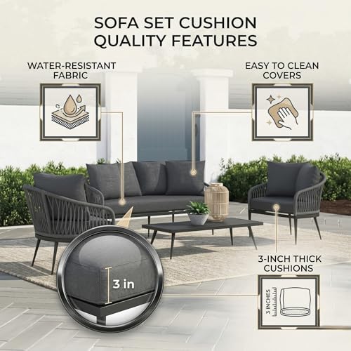 Image of LOCCUS Outdoor 5 Seater Rope Woven Patio Sofa Set with Center Table - All-Weather Conversation Set for Balcony, Garden, Terrace & Poolside | Waterproof UV-Resistant Patio Furniture Set (Grey)