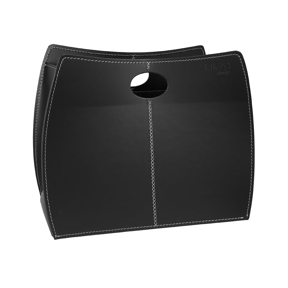 LIMAC Design VANDA Zeitungsständer modern aus Leder, Zeitschriftensammler, Originaler Zeitungskorb, Bücherkorb, für Zuhause, Büro, Hotel, Hergestellt in Italien. (Schwarz)