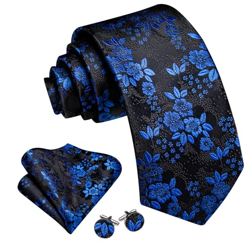 Image of Barry.Wang Flower Ties for Men Handkerchief Cufflinks Set Wedding Necktie Set Party