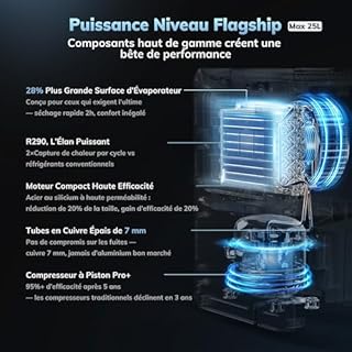 Déshumidificateur AEOCKY Max 25L/d, applicable à 200 m³ (50 m²), déshumidificateur à compresseur intelligent avec tuyau de vidange, pour sécher les vêtements, chambre, salle de bain, sous-sol