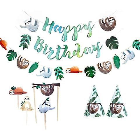 Sloth - Birthday Party Decoration Kit | 12 Guest Party | Sloth Themed Party Decorations | Birthday Banner, Sloth Garland, Cupcake Toppers, Party Hats Cover
