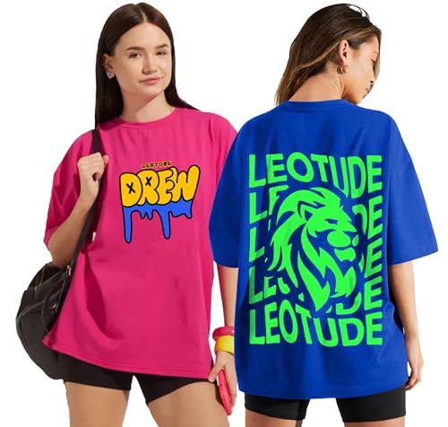 Image of LEOTUDE Cottonblend Oversized Half Sleeve Colorful Printed Combo T-Shirts for Women (Pack of 2)