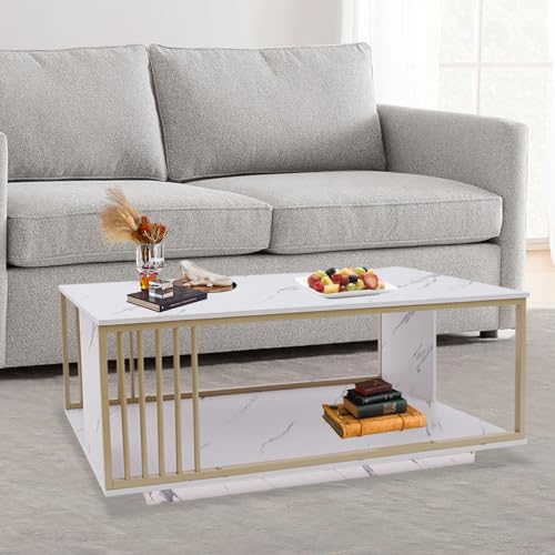 Faux Marble Coffee Table, 2-Tier Modern Faux Marble Accent Table, White Marble Coffee Table, Modern Gold Rectangular Coffee Table with Faux Marble Top for Living Room, Bedroom