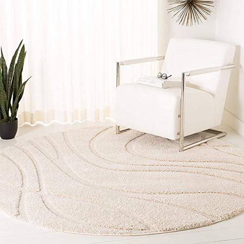 Image of Geometric Wave Round Shaggy Carpet for Living Room, Bedroom, High Low Design Finish Microfiber 1.8 Inch Pile High, 5x5 Feet Ivory|Ivory Color