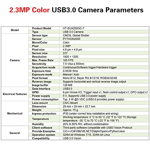 Image of USB3.0 2.3MP Machine Vision Industrial Camera Global Shutter Color | HT-SUA202GC-T Area Scan Sensor 2 /3 inch C-Mouth Supports Windows and Linux SDK 1920x2000 165fps