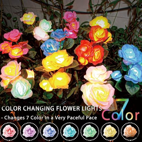 TONULAX Solar Garden Lights - Upgraded Outdoor Light, 7 Color Changing Rose Lights for Yard,Garden Decoration, Enlarged Solar Panel, More Realistic Rose Flower (6 Pack)