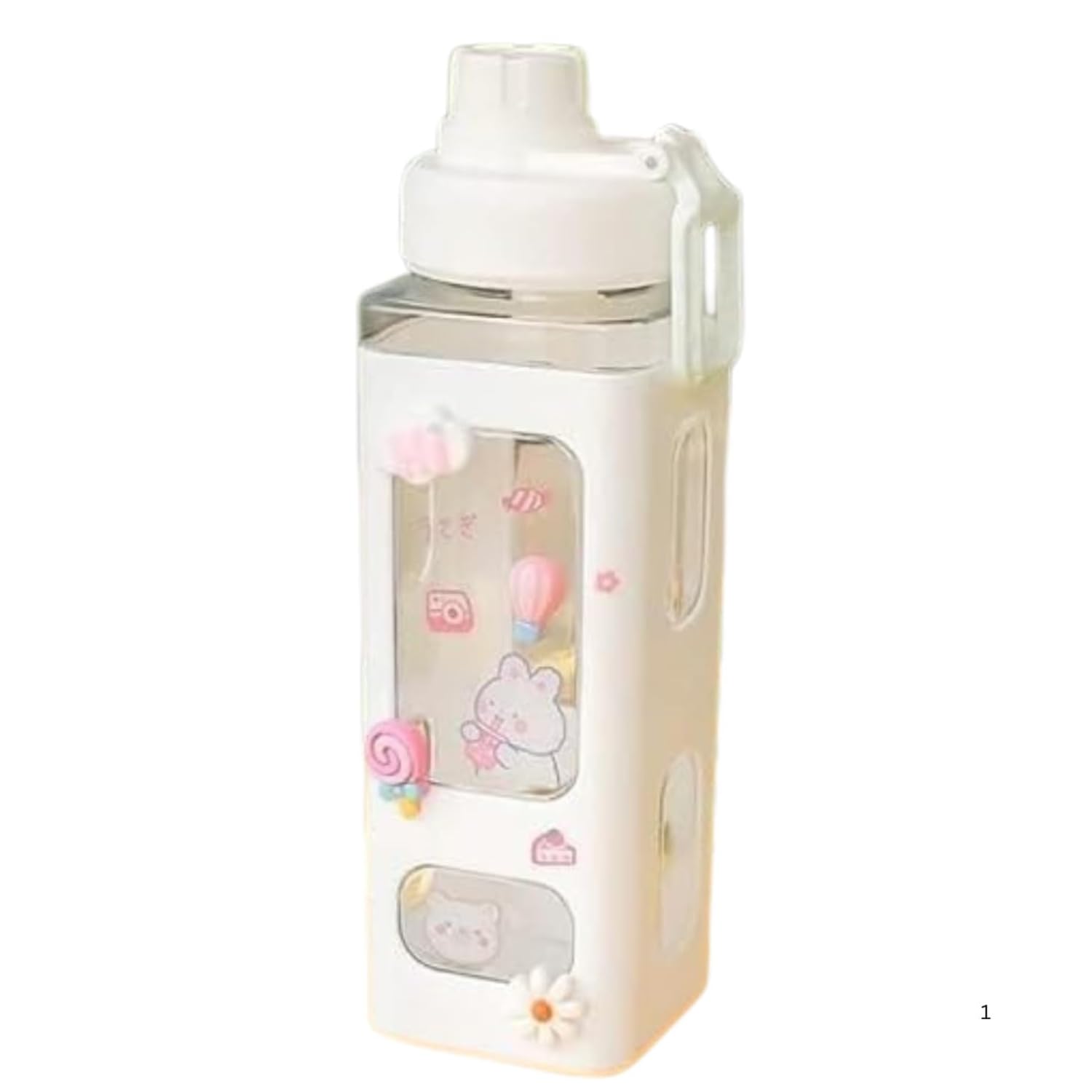 SKYWORK Kid's Cartoon Water Bottle with Adjustable Strap – Cute Double Drinking Straw Cup | Leak-Proof, Portable Tumbler – 500ml – Perfect for School | Outdoor Fun (White)