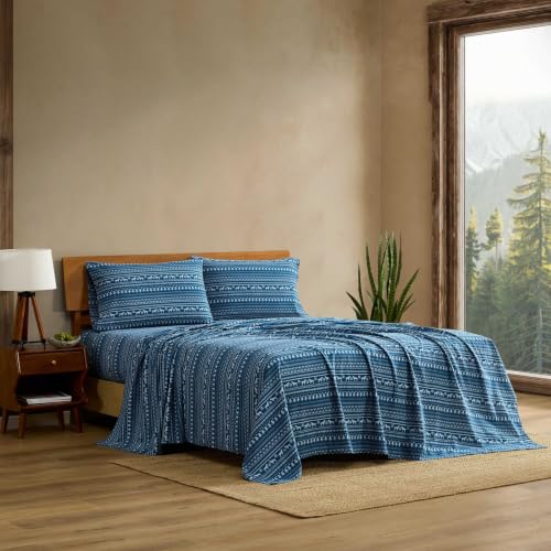 Image of Eddie Bauer - Full Flannel Sheet Set, Soft Brushed Cotton Bedding with Matching Pillowcases, Fully Elastic Fitted Sheet, Deep Pocket Bed Set, Breathable All-Season Comfort (Dog Sweater Stripe Blue)
