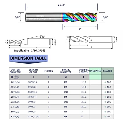 Image of Tools DLC Series Carbide Square End Mill, Diamond-Like Coating, End Mill for Aluminum, Copper, Magnesium Alloys, High Silicon Aluminum, Composite Materials,3 Flute,3 /8 Shank(.375(3 /8) inch, 2pcs)