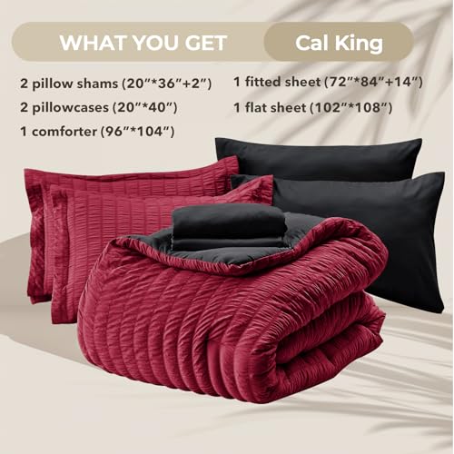 Image of HYMOKEGE Red & Black California King Comforter Set Seersucker 7 Pieces, All Season Luxury Bed in a Bag for Bedroom, Bedding Set with Comforters, Sheets, Pillowcases & Shams