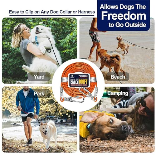 Tie Out Cable for Dogs Up to 300lbs,100ft Extra Strong 1000lbs Break Strength Tie-Out Tether Trolley Training Lead,Dog Run Cable for Yard Garden Park Camping Outside (Orange, 300lbs 100ft) by WATFOON - Image 7