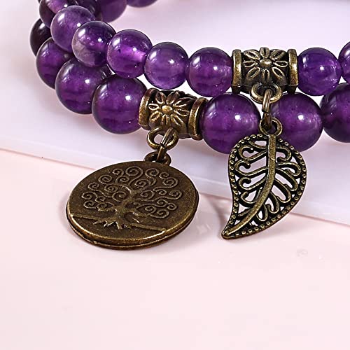 Bivei Amethyst Quartz Beaded Bracelets Chakra Crystal Healing Tree Of Life And Leaf Charm Bracelet Natural Semi-Precious Gemstone Stretch Bracelets Set For Women Calm And Anxiety Relief #TOP3