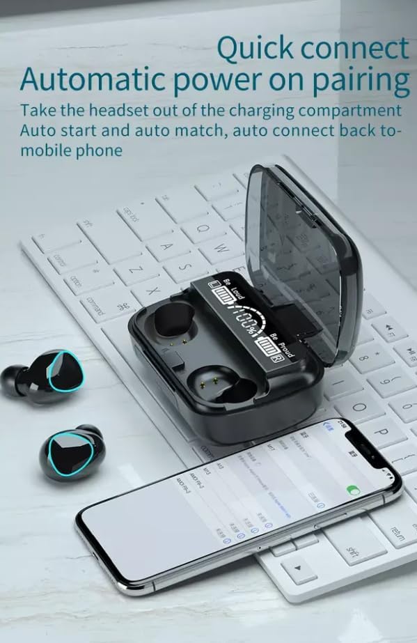 M10 earbuds and charging case next to a smartphone showing automatic pairing