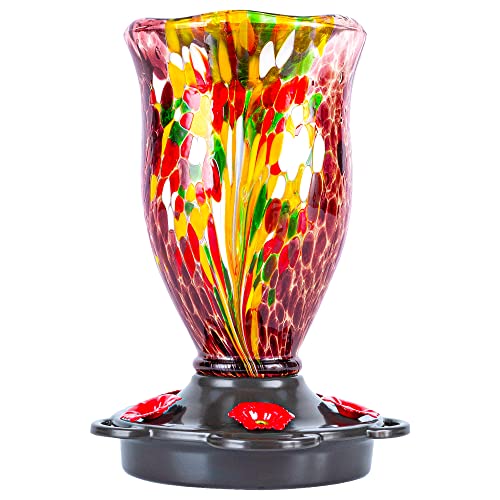 LUJII Bloom Shaped Hummingbird Feeders for Outdoors, Hand Blown Glass