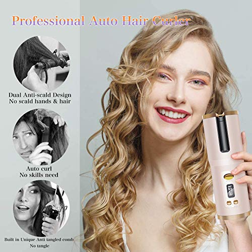 Cordless Auto Curler, Automatic Curling Iron, Rechargeable Auto Hair Curler with 6 Temperature & Timer Settings, Auto Shut-Off Portable Curling Wand for Hair Styling