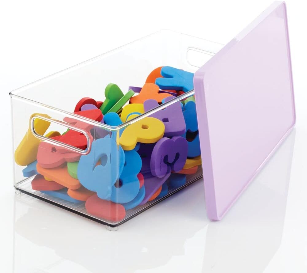 Buy 2 get 3 mDesign Stackable Plastic Storage Bin Box with Removable Lid - for Organizing Baby/Child's/Kids Toys, Action Figures, Markers, Blocks, Crafts, Dog/Cat Toy Box - 4 Pack - Clear/Light Purple
