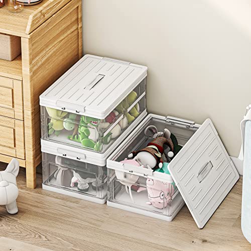 Wisdom Star 3 Pack Collapsible Storage Bins with Lids, Clear Plastic Foldable Storage Box, Stackable Storage Containers for Organizing, White