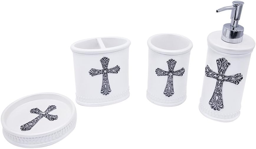 Bathpro Diamond Cross Bathroom Accessories,4-PIECE Bath Set with Lotion Dispenser,Tumbler,Toothbrush Holder,Soap Tray for Bath and Kitchen Decor(White Cross)