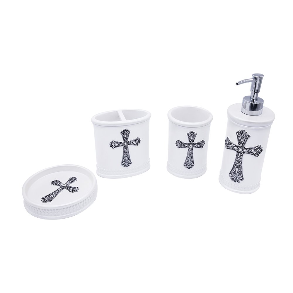 Bathpro Diamond Cross Bathroom Accessories,4-PIECE Bath Set with Lotion Dispenser,Tumbler,Toothbrush Holder,Soap Tray for Bath and Kitchen Decor(White Cross)