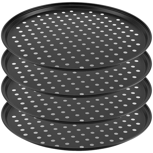 CHUIFAI 4 Stück Pizzablech rund 32 cm, Antihaft Pizzablech mit Löchern, Pizza Backblech, perforiertes Pizza Ofenblech Karbonstahl Pizzaform