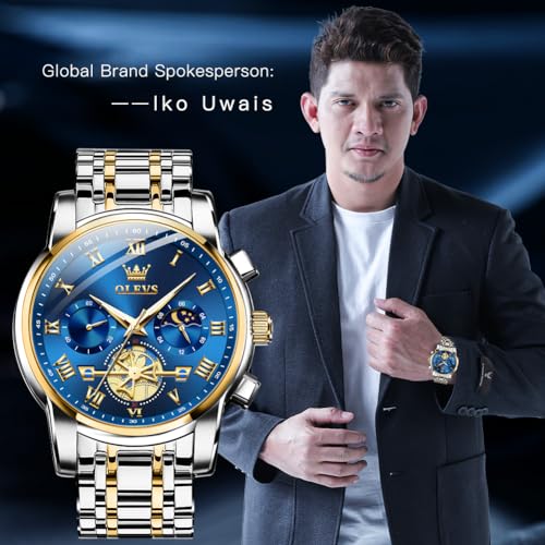 OLEVS Watches for Men Chronograph Business Wrist Watches Analog Quartz Moon Phase Stainless Steel Waterproof Luminous Dress Watches (Image - 2)