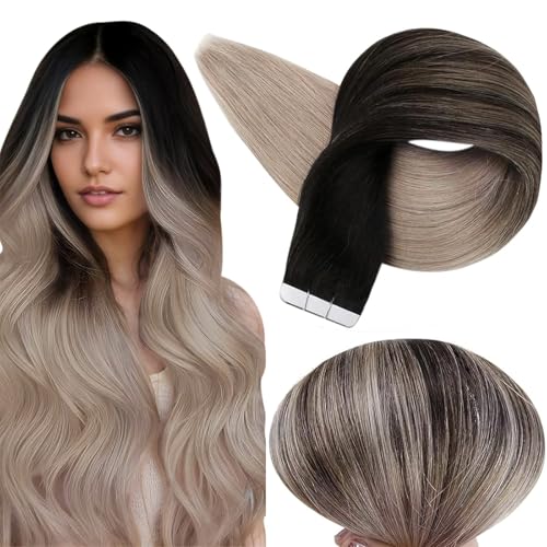 Image of Full Shine Tape ins Human Hair Extensions Color 1B Black Ombre 18 Ash Blonde Remy Hair Extensions Real Human Hair Tape in 22Inch 50Gram Straight Seamless Skin Weft 20Pcs Add Volume