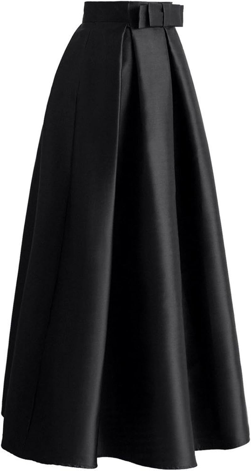 CHICWISH Women Bowknot Pleated Maxi Skirt Casual High Waist A-Line Prom Party Swing Long Skirts with Pockets