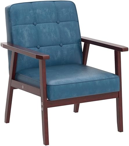 Miniatura 12 de Okeysen Silla decorativa moderna de mediados de siglo, silla auxiliar retro de madera y cuero, cómoda silla de lectura para sala de estar, Negro