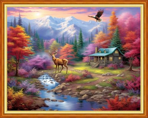 Image of Findvoor Stamped Cross Stitch Kits for Beginner Embroidery Kits for Beginners Adults DIY 11CT Cross Stitch Patterns Needlepoint Kits Crossstitching Kits-Golden Autumn Home 16x20 inch