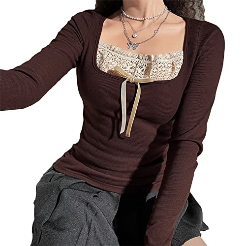 Image of Fairy Grunge Shirts for Women Y2K Tops Long Sleeve Lace Patchwork Tees Teen Girls Vintage Slim Blouse Fall Clothes
