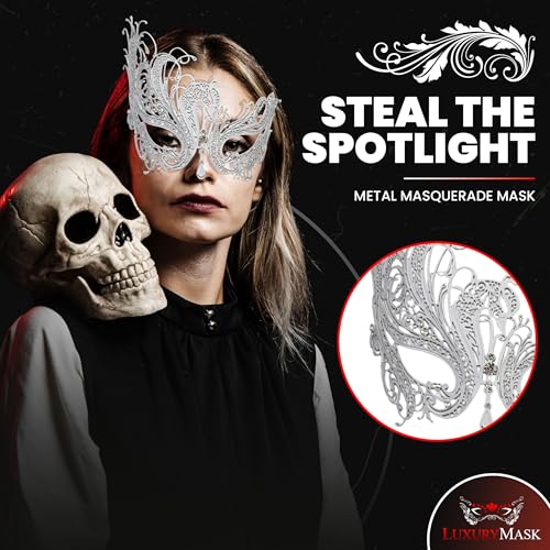 Image of Metal Filigree Masquerade Mask for Women - Swan Style Mask with Rhinestones for Mardi Gras, Prom, Halloween & Venetian Party