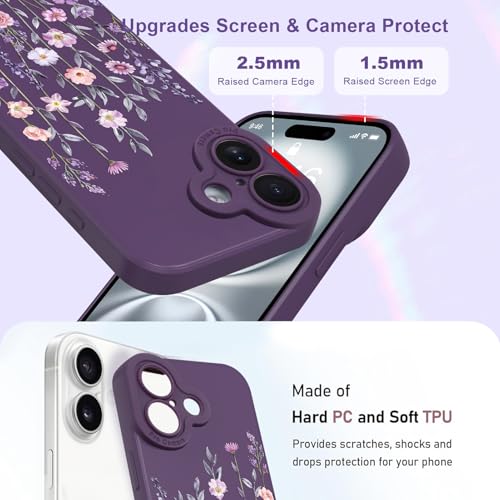 Image of Designed for iPhone 16 Case Flower for Women Girls, Dark Purple | Cute Floral Pattern Liquid Silicone Phone Case [Full Camera Protection] Slim Soft TPU Protective Cover